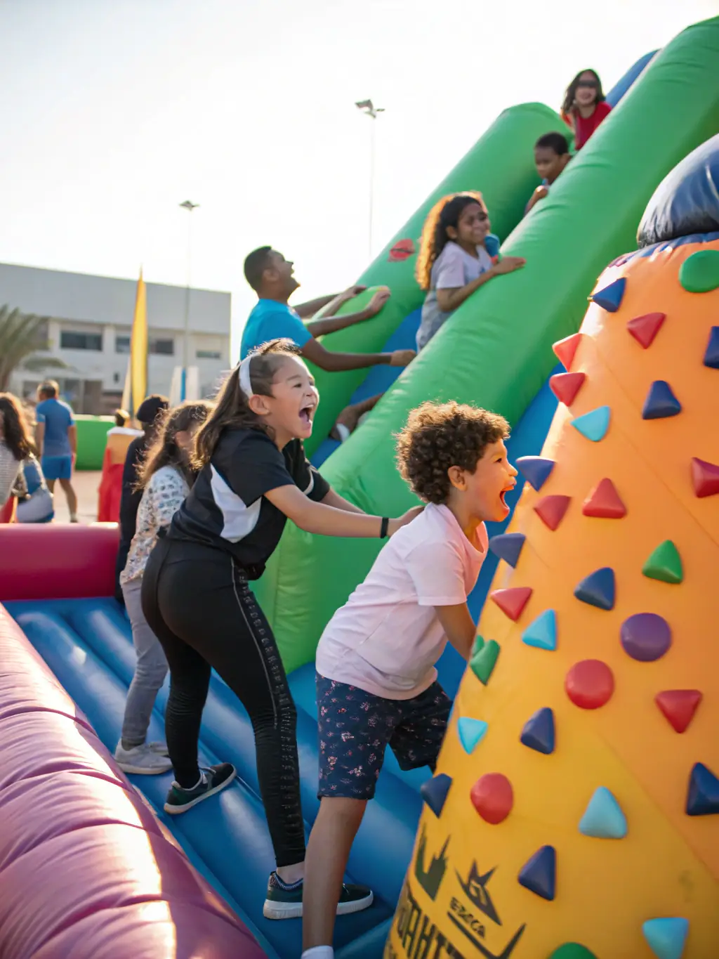 A vibrant image of children engaged in a fun and active obstacle course, promoting physical activity and teamwork. The setting is a safe and supportive environment.