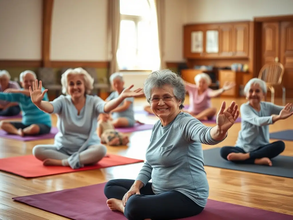 A group of seniors participating in a gentle stretching exercise class in a well-lit community hall, focusing on their smiles and relaxed postures.