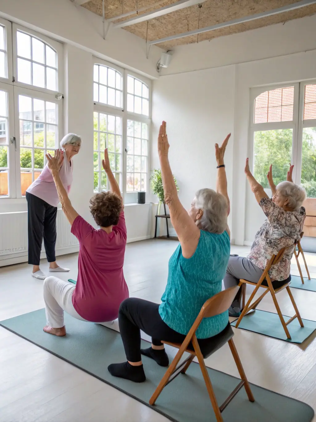 A group of seniors participating in a chair yoga session, demonstrating modified poses for comfort and accessibility. The setting is a bright and welcoming community space.