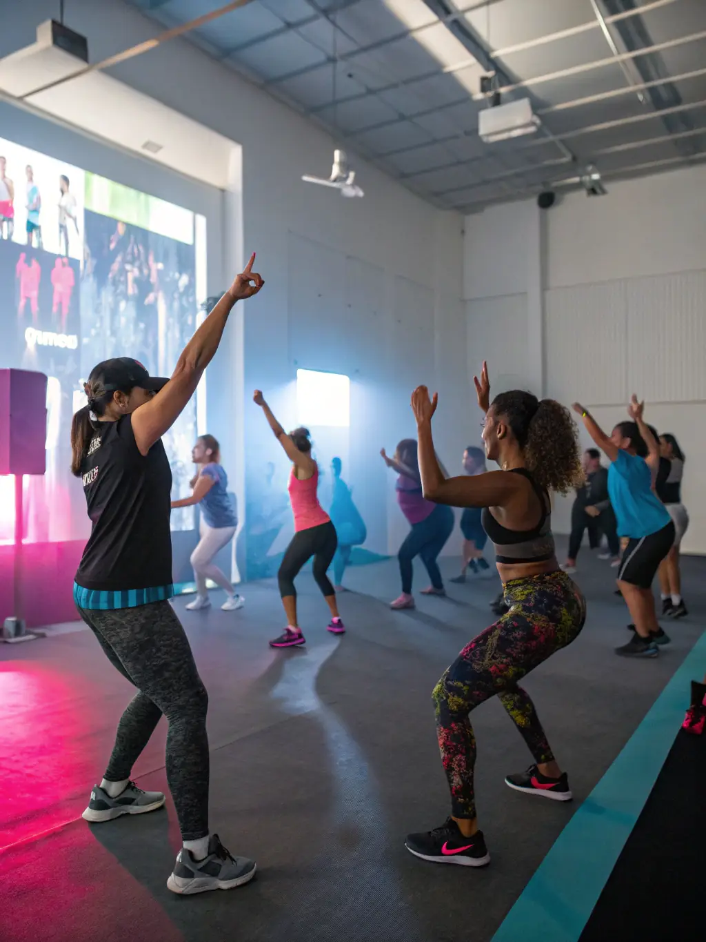A diverse group of adults participating in a low-impact aerobics class in a community center, led by an instructor. The atmosphere is energetic and inclusive, with participants of varying ages and fitness levels.