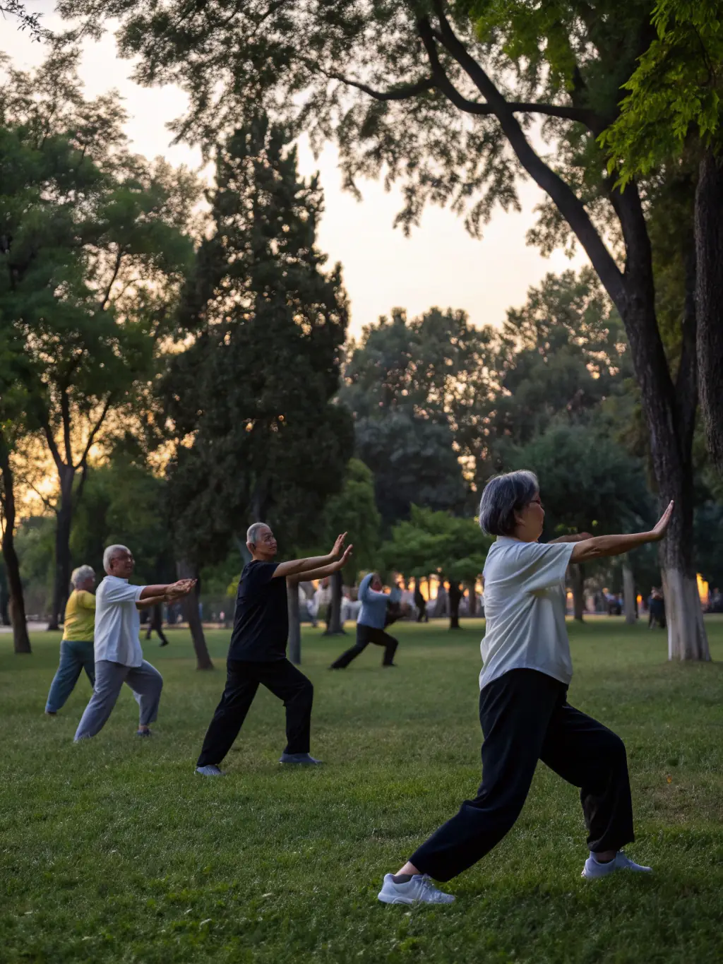 A serene image of participants practicing Tai Chi in a park at sunrise, focusing on balance and mindfulness. The scene conveys tranquility and well-being.