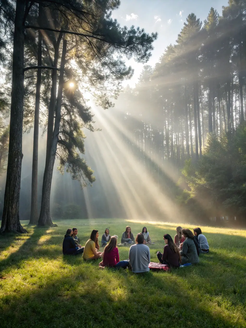A serene image of individuals practicing mindfulness and relaxation techniques in a quiet, natural setting. Soft lighting and calming colors enhance the peaceful atmosphere.