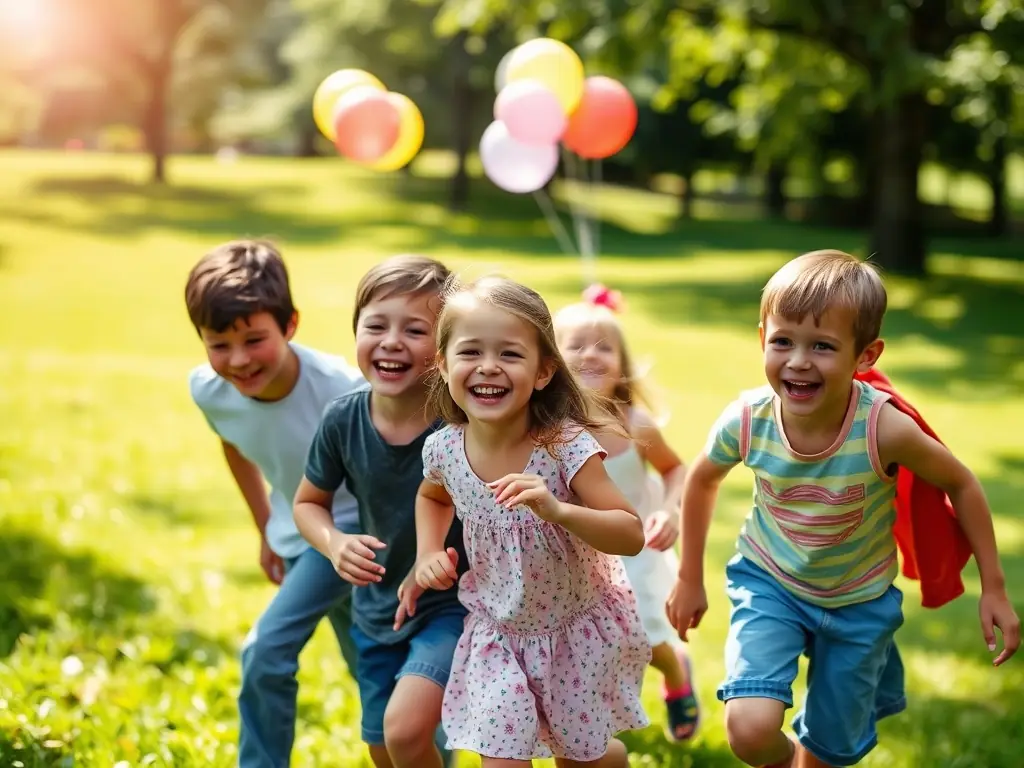 A group of children engaged in fun physical activities and games in a park, emphasizing their laughter and teamwork.