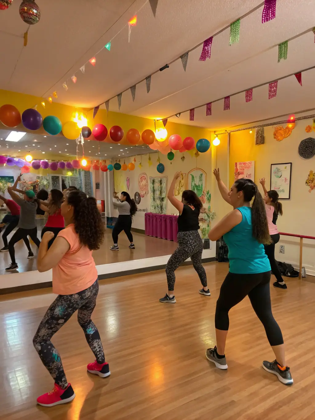 A diverse group of adults engaged in a lively Zumba dance fitness class at REVEIL MUSCULAIRE DE BOURG ACHARD, showcasing energy and fun.