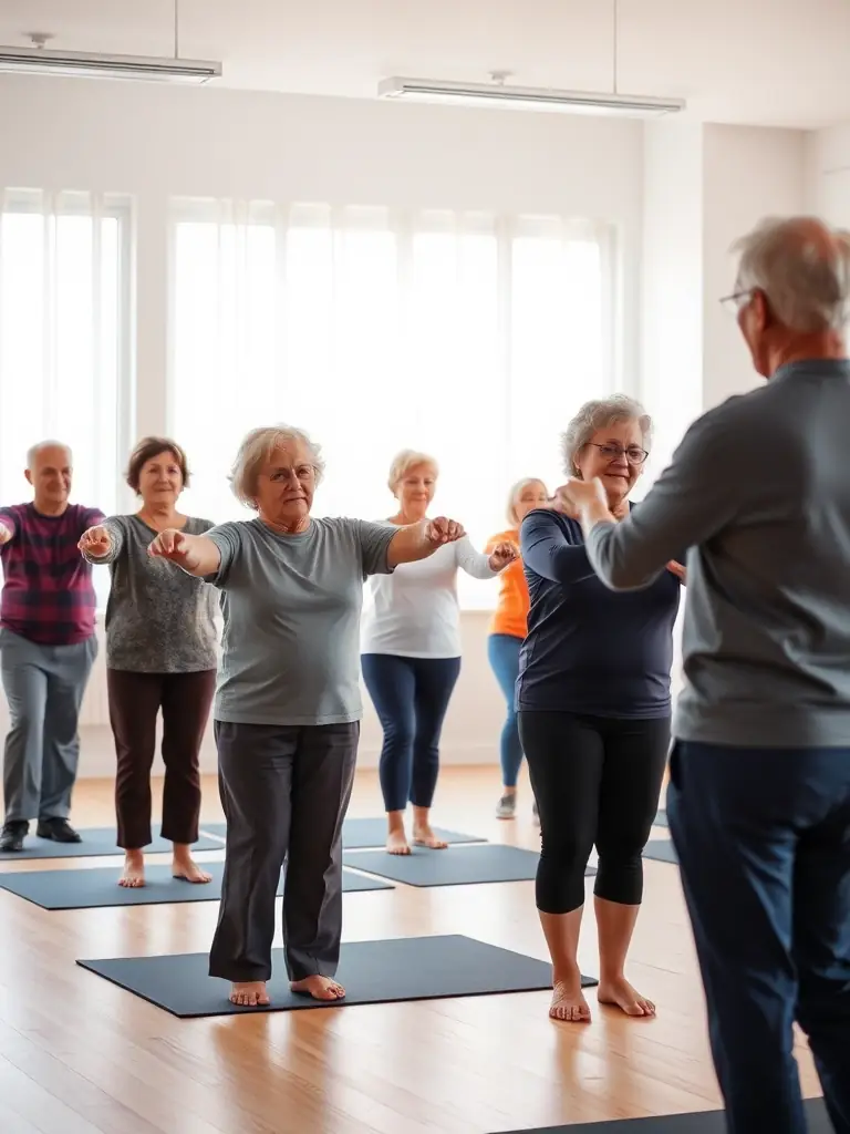 A group of seniors participating in a gentle stretching exercise class at REVEIL MUSCULAIRE DE BOURG ACHARD, focusing on flexibility and balance.