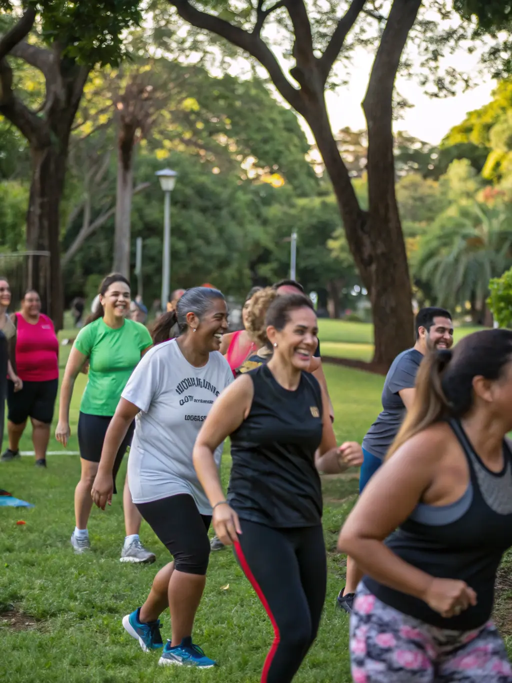 A group of smiling people of different ages and backgrounds interacting and laughing together after a physical activity session. The setting is a community center or park.