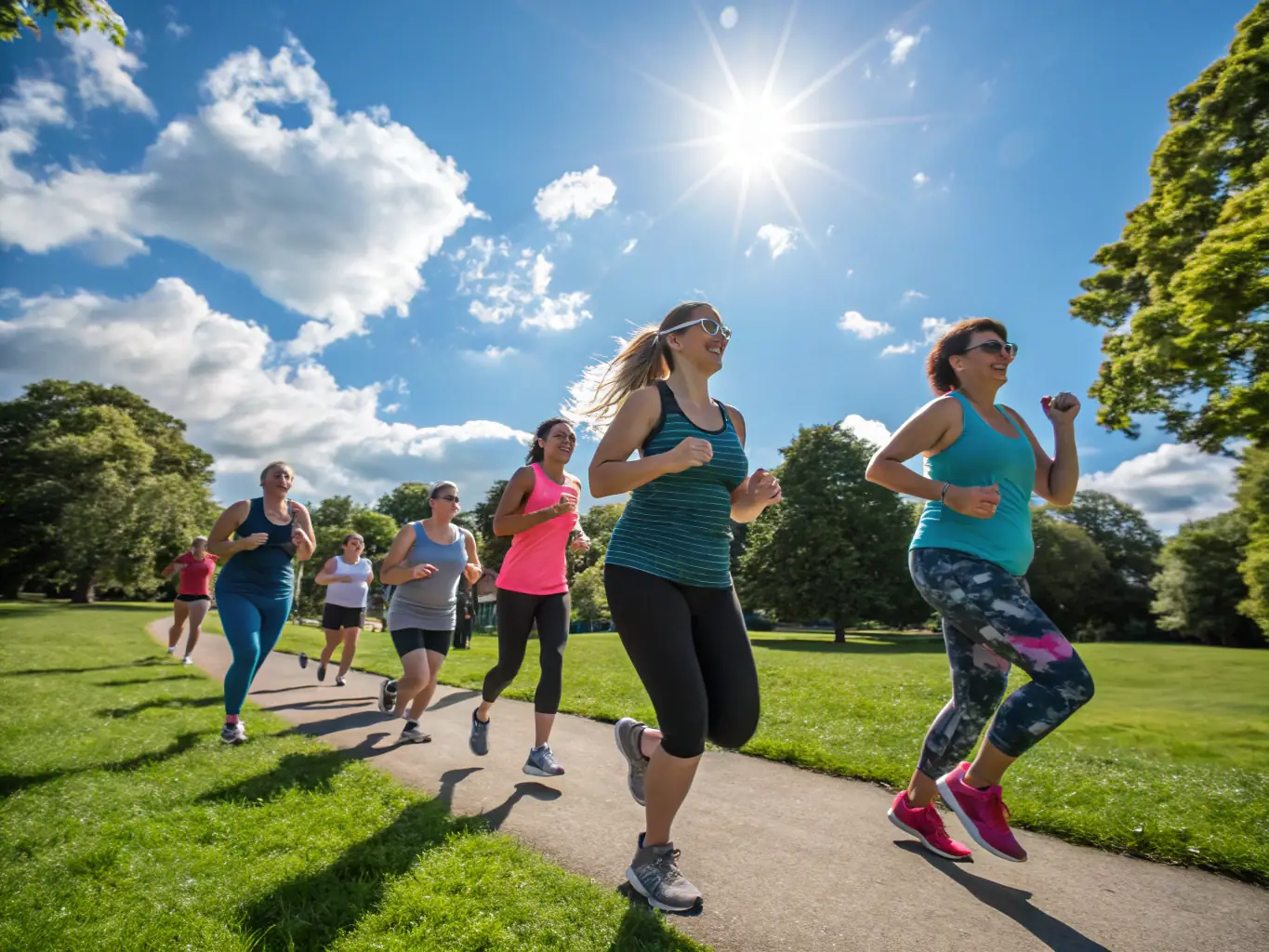 A diverse group of adults participating in a dynamic fitness class outdoors, with a qualified instructor leading the session.