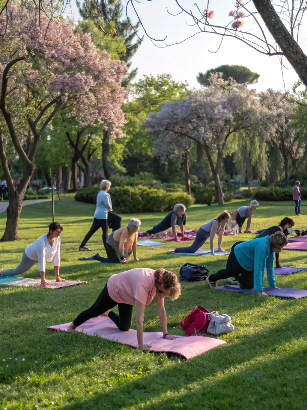 A diverse group of people participating in a gentle stretching exercise in a park, led by an instructor. The atmosphere is relaxed and friendly, with participants of varying ages and fitness levels.